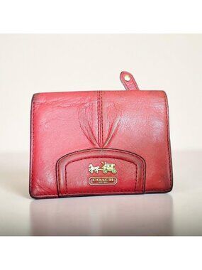 Coach Red Leather Wallet Women Compact Bifold Zip Coin Pocket Signature Logo